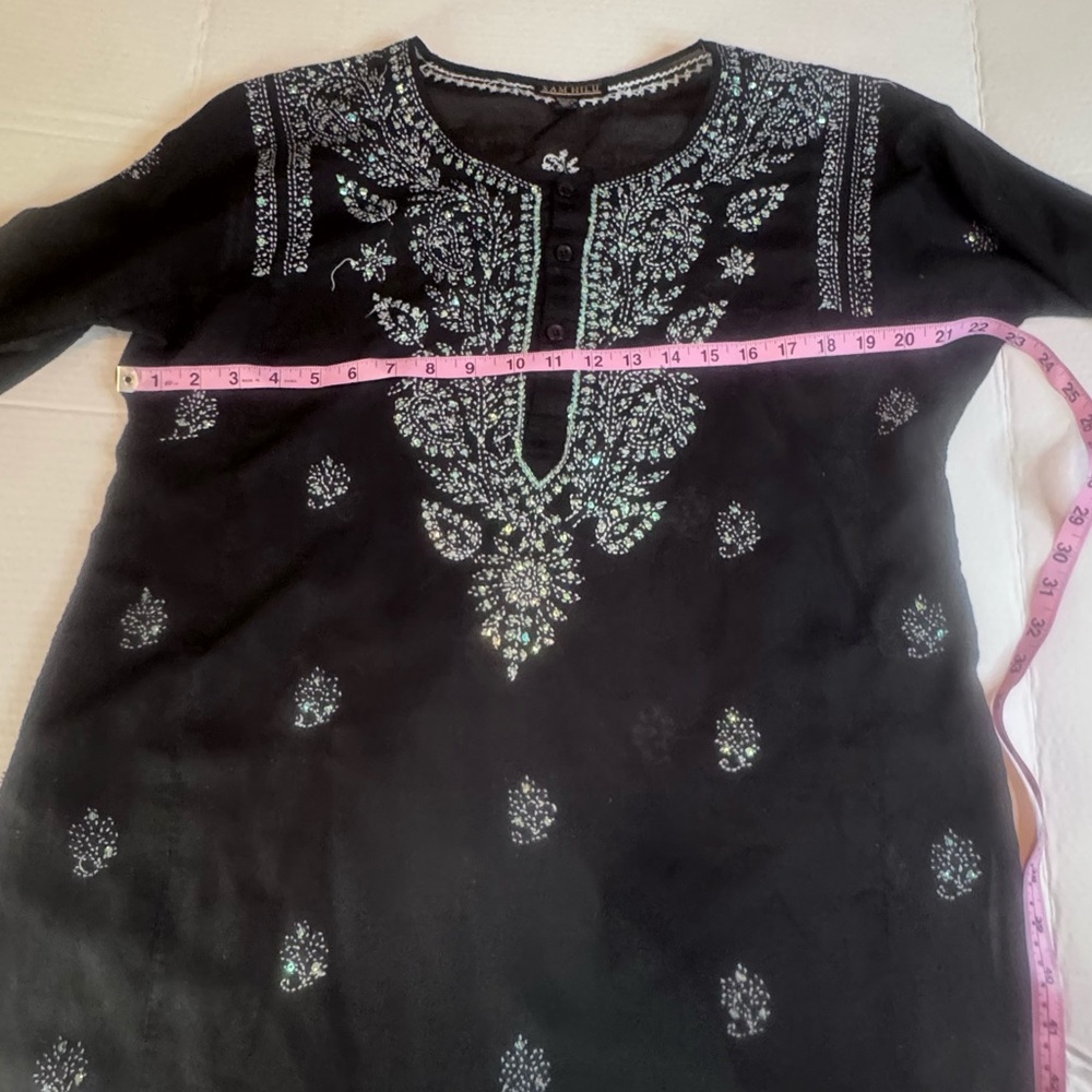 Sam Hilu Black Embroidered Tunic Top Boho India Cotton Medium - Picture 8 of 10